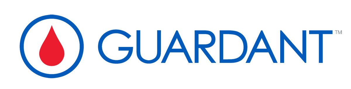 The 2023 Guardant Health logo featuring a blue wordmark with a red and blue drop icon on a transparent background.