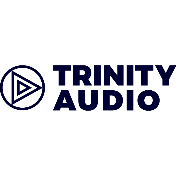 The logo for Trinity Audio, featuring a triangular play button symbol within a circle to the left of the stylized text 'TRINITY AUDIO' in bold font.