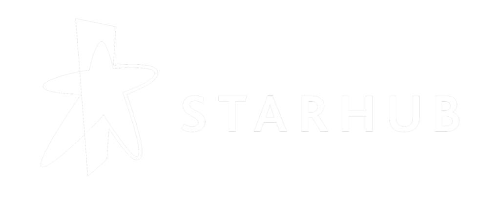 StarHub logo in a horizontal white design, featuring a stylized star and the text 'StarHub' on a transparent background.