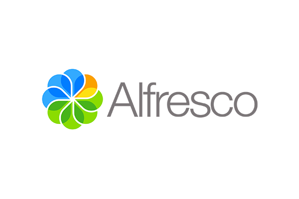 Alfresco logo in color, displayed horizontally with a multicolored circular icon and the word 'Alfresco' in gray letters.