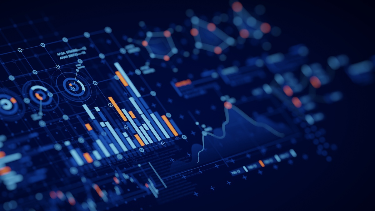 Abstract image illustrating bar charts, line graphs, and data visualizations on a dark blue background, representing analytics, big data, and digital insights.