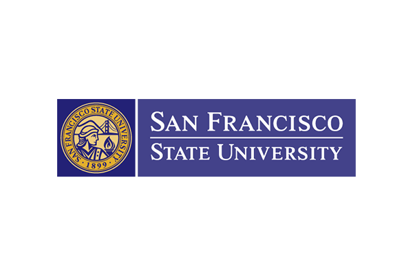 Logo of San Francisco State University featuring the university name and seal on a purple background.
