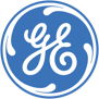 The logo for General Electric (GE), depicting a white 'GE' script within a blue circular background.