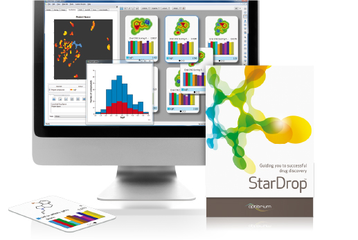 A computer monitor displaying StarDrop drug discovery software with scientific data visualizations, charts, and molecular diagrams, accompanied by the StarDrop product packaging and a sample card with a chemical structure.