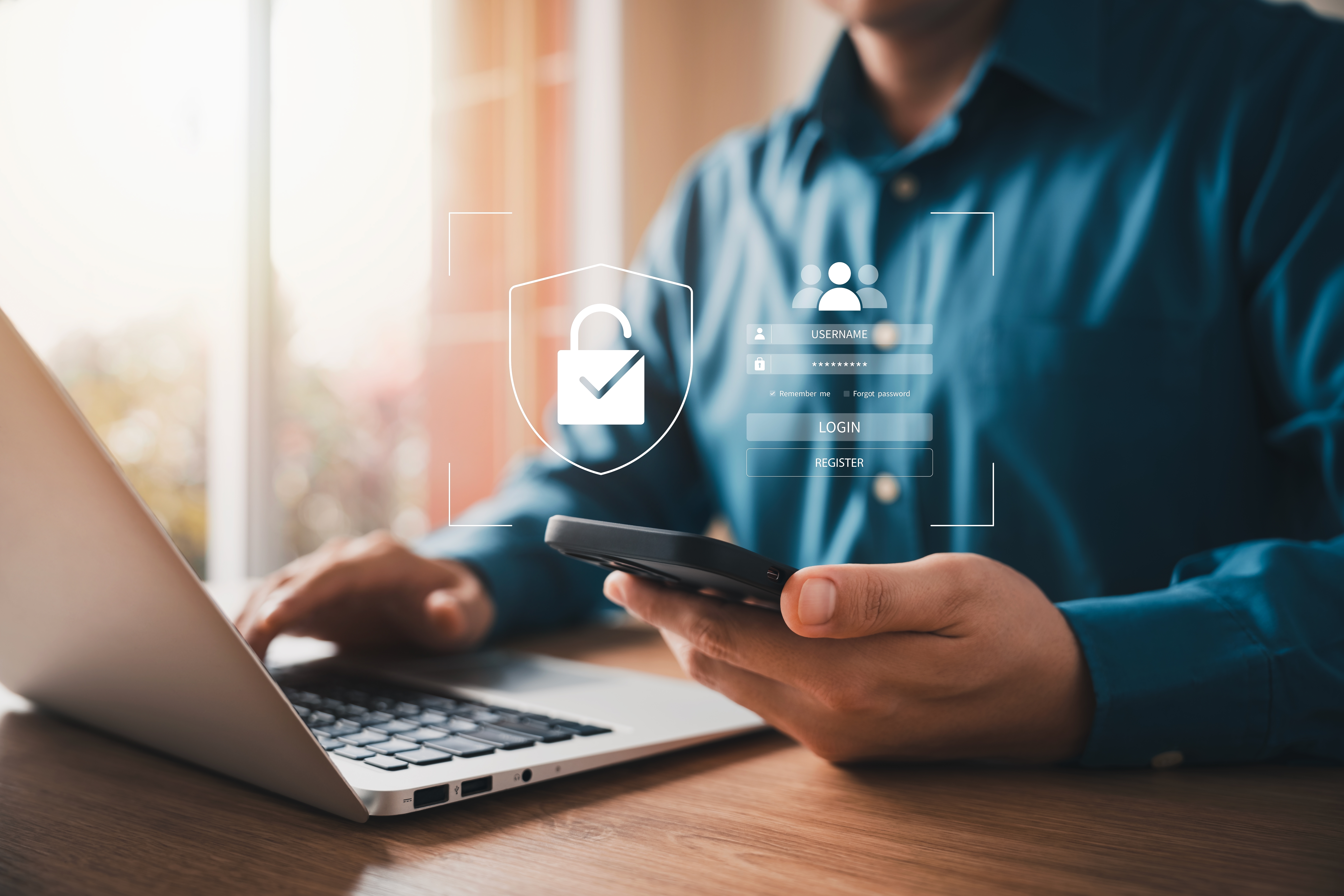 Cybersecurity and privacy concepts to protect data. Lock icon and internet network security technology. Businessmen protecting personal data on virtual interfaces.; Shutterstock ID 2264030867; purchase_order: security case study DVSA ; job: AWS; client: security case study DVSA ; other: EMEA