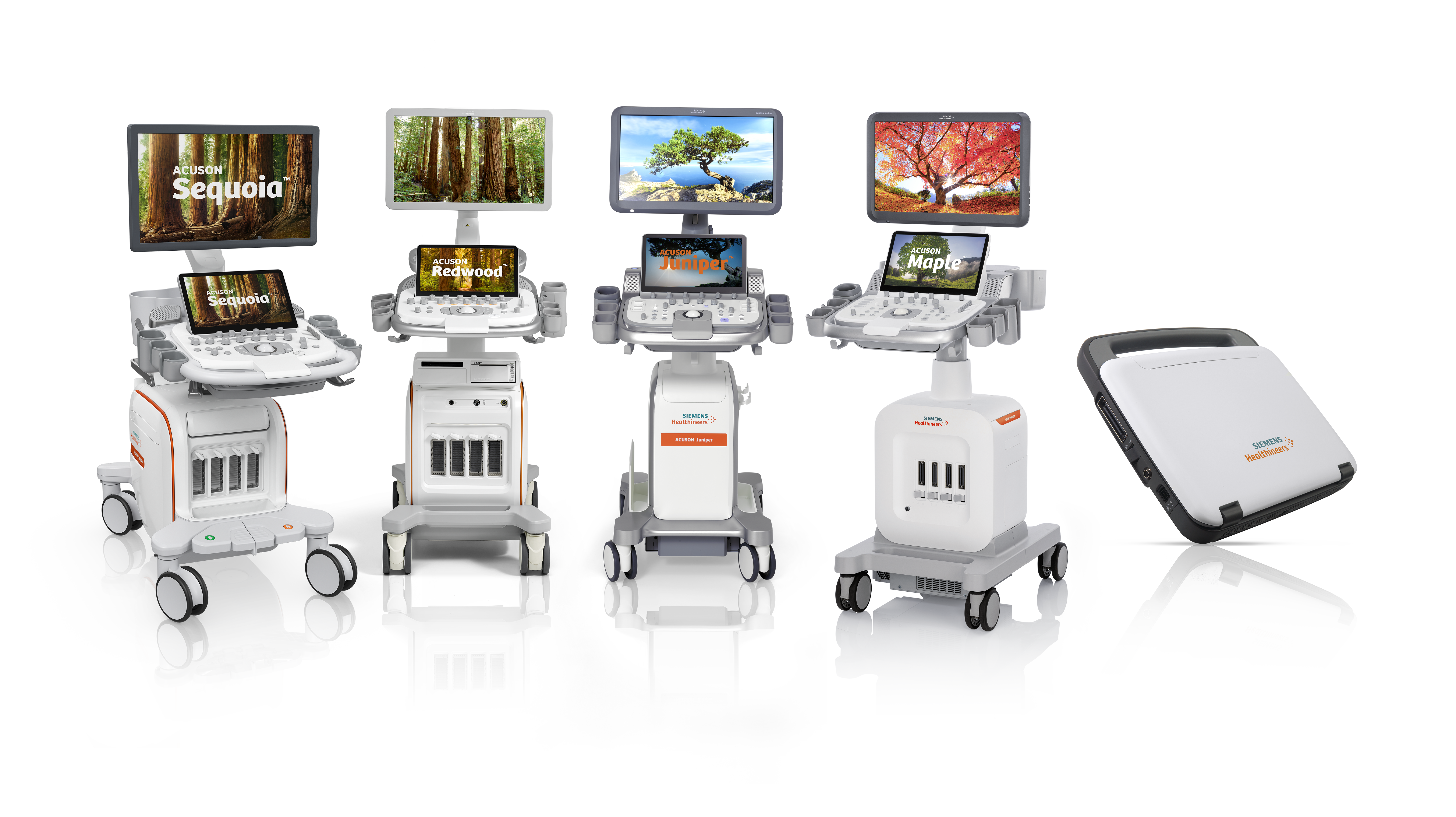 A lineup of Siemens Healthineers ultrasound machines: ACUSON Sequoia, ACUSON Redwood, ACUSON Juniper, ACUSON Maple, and a portable device, all shown with display screens and branding.