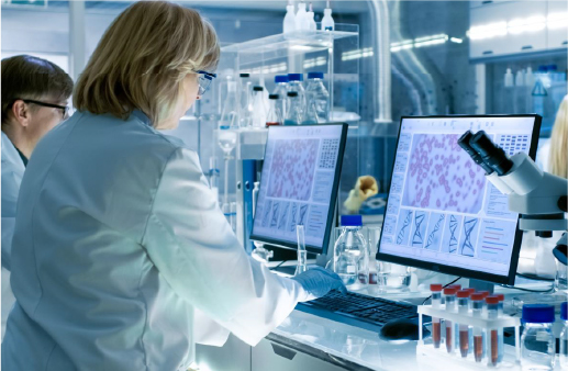 A scientist working at a computer in a modern laboratory environment, analyzing scientific data on two monitors with laboratory equipment and test tubes nearby.