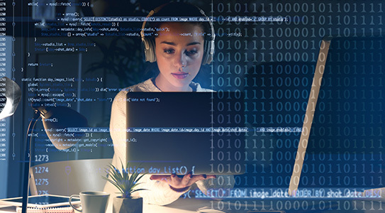 A woman wearing headphones is listening to music and programming on her laptop. The scene includes code overlays and binary numbers, symbolizing software development and technology.
