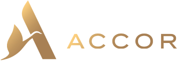 Accor logo featuring a stylized golden "A" with flame-like shapes.