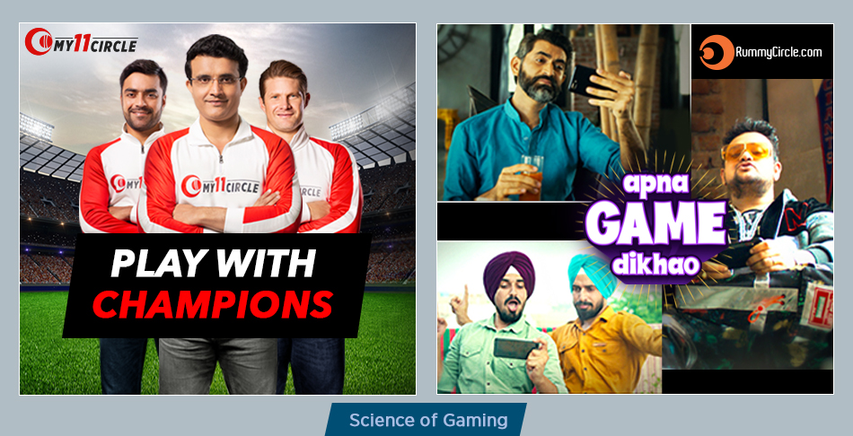 Promotional graphic featuring My11Circle with the tagline 'Play with Champions' and RummyCircle with 'apna GAME dikhao', highlighting Games24x7's brands and the science of gaming.