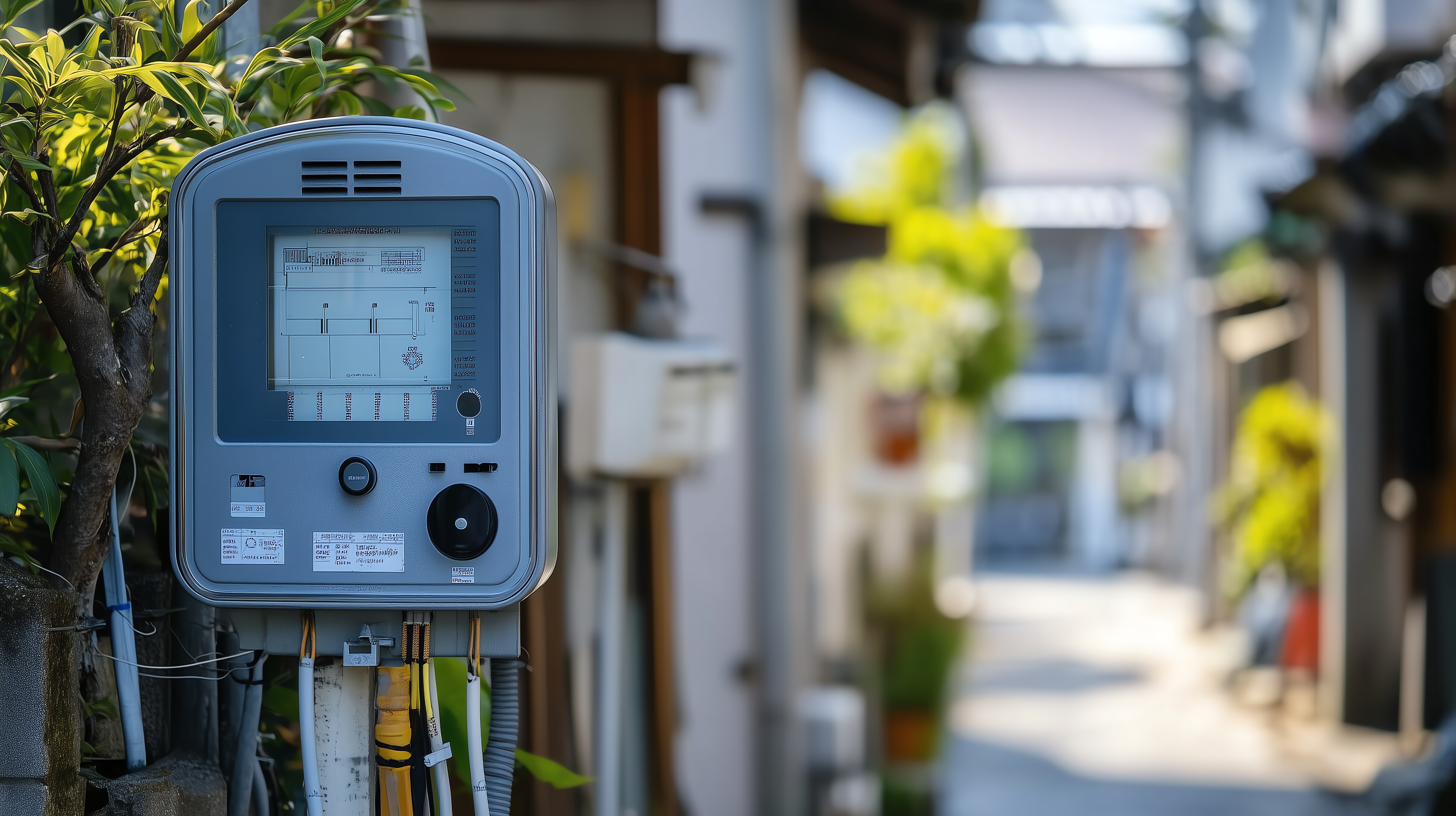 A digital smart meter installed outdoors, used for energy monitoring and consumption tracking in modern households and industrial settings. The device is connected with multiple cables and is situated in a residential or mixed-use area, representing modern energy management solutions.