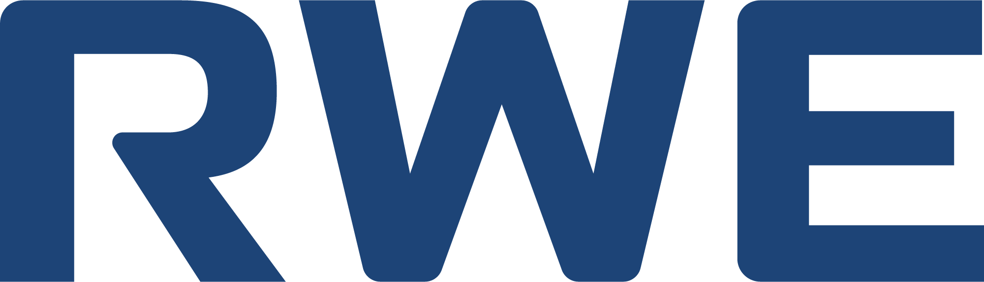 The logo of RWE, a major European energy company, shown in bold blue letters on a transparent background.