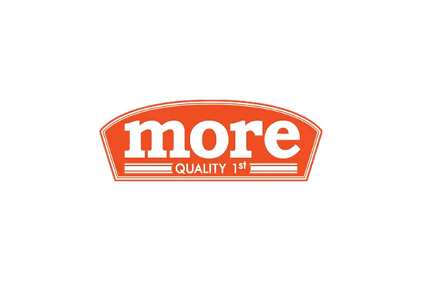 Logo of More Quality 1st, featuring the word 'more' in bold white letters above the text 'QUALITY 1st' on a red background.