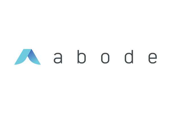 Abode company logo in blue and black text on a transparent background.