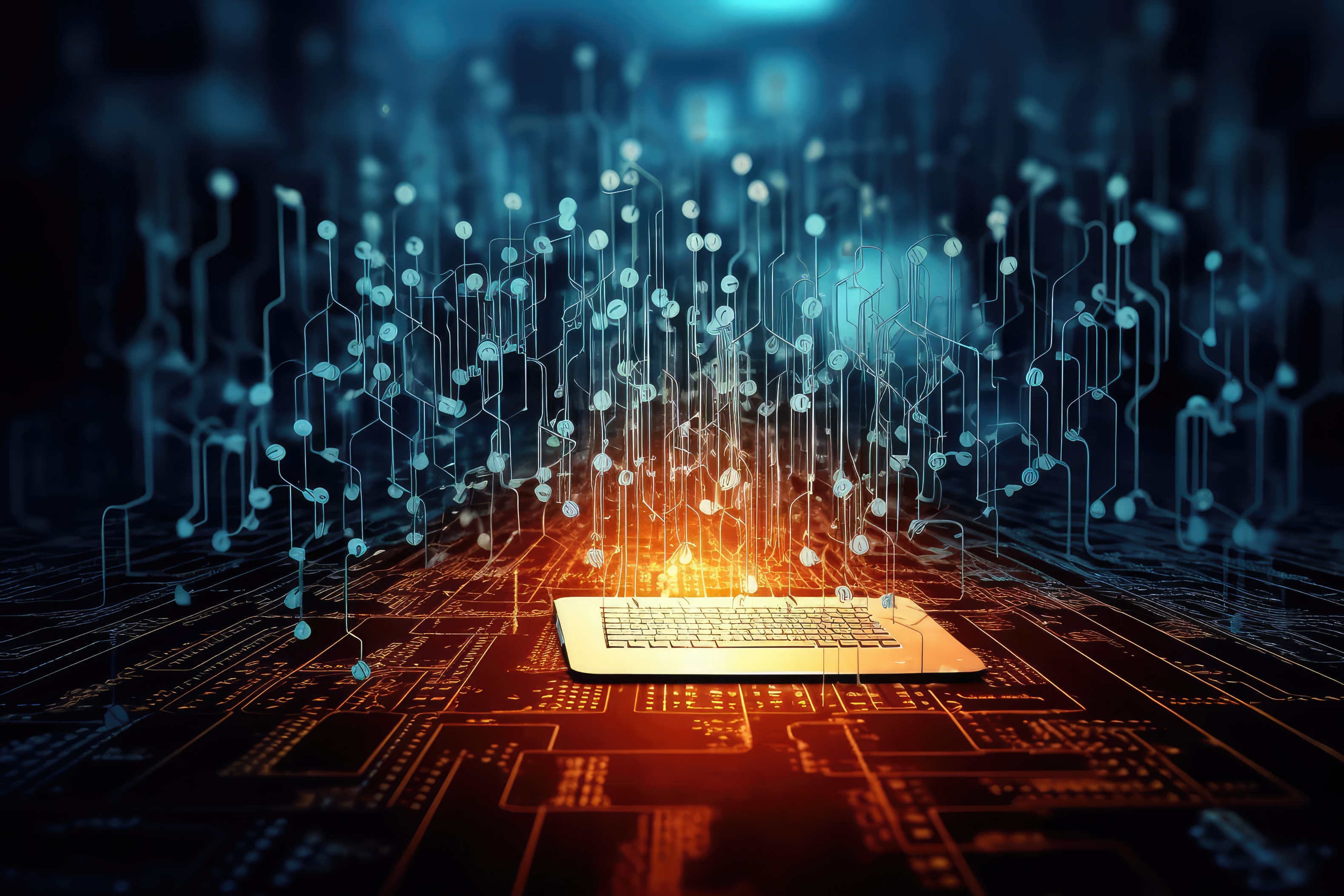 A conceptual image depicting a glowing laptop on a digital circuit board, with abstract network connections rising above it, representing cybersecurity, digital protection, and advanced technology.