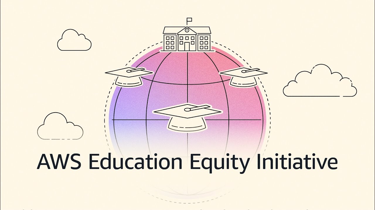 Thumbnail image for the AWS Education Equity Initiative, featuring a stylized globe with graduation caps and a school building, highlighting educational access and equity themes in the cloud.