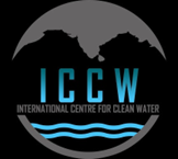 Logo of ICCW (International Centre for Clean Water) featuring stylized text and wave graphics within a circular design.