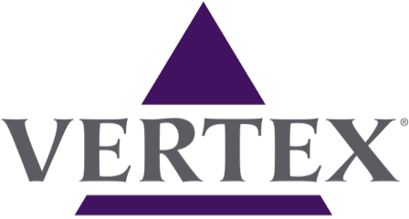 The logo of Vertex, featuring the word 'VERTEX' in capital letters below a purple triangle.