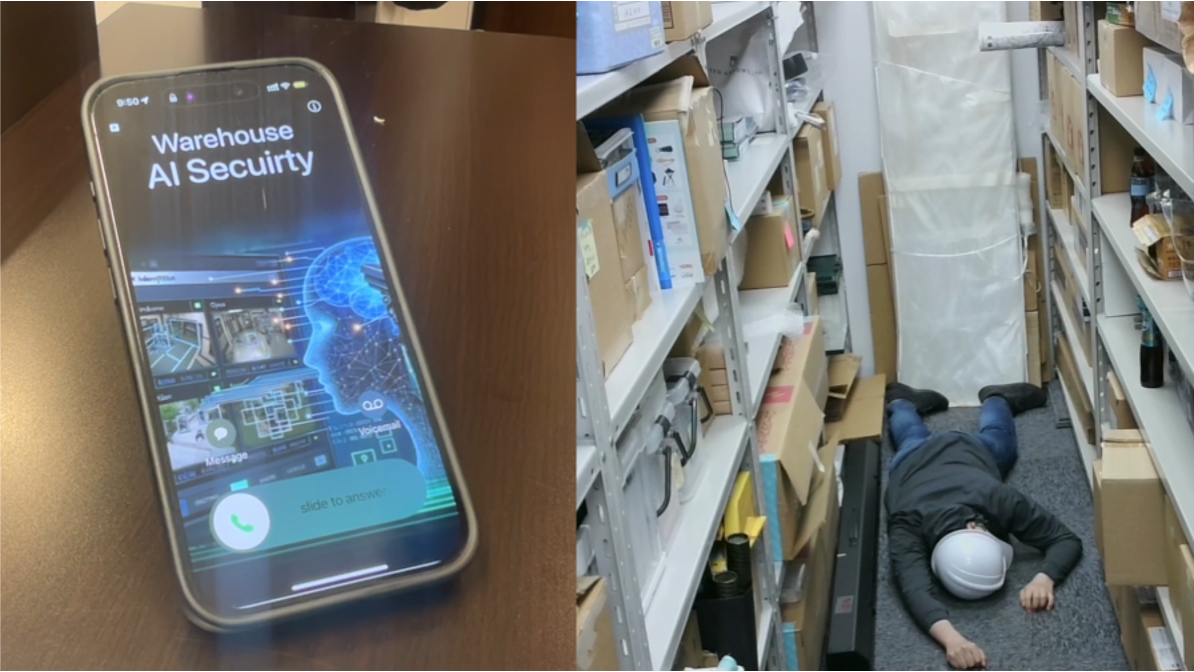 Split image showing a smartphone receiving an alert from a 'Warehouse AI Security' system on the left, and a person laying on the floor of a cluttered warehouse aisle as seen from a security camera on the right. Demonstrates AI-driven real-time safety monitoring for warehouses.