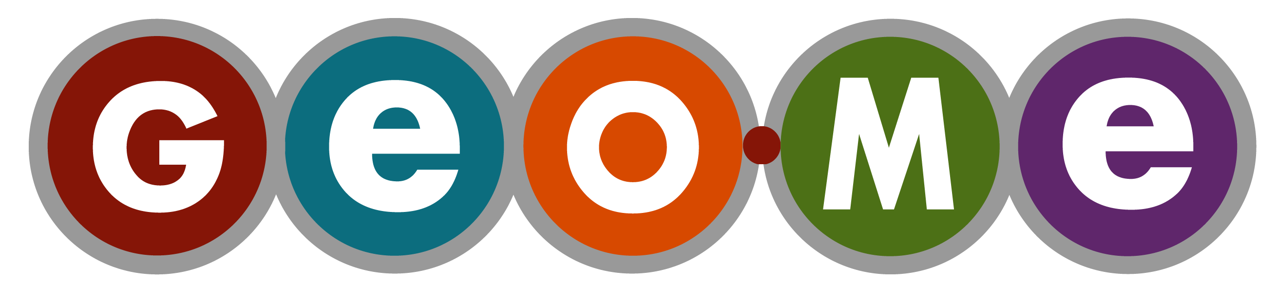 Logo for GEOME, featuring the letters 'G', 'e', 'o', 'M', and 'e' each inside colorful circles (red, blue, orange, green, purple) with a white background.