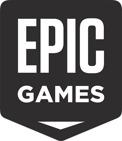 Epic Games logo in bold white text on a black shield-shaped background.
