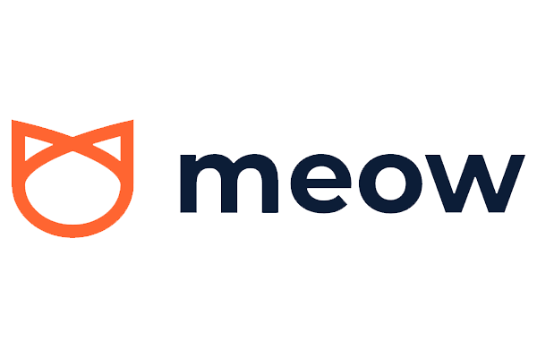 Logo featuring the word 'meow' in bold font next to a stylized orange cat face icon on a white background.