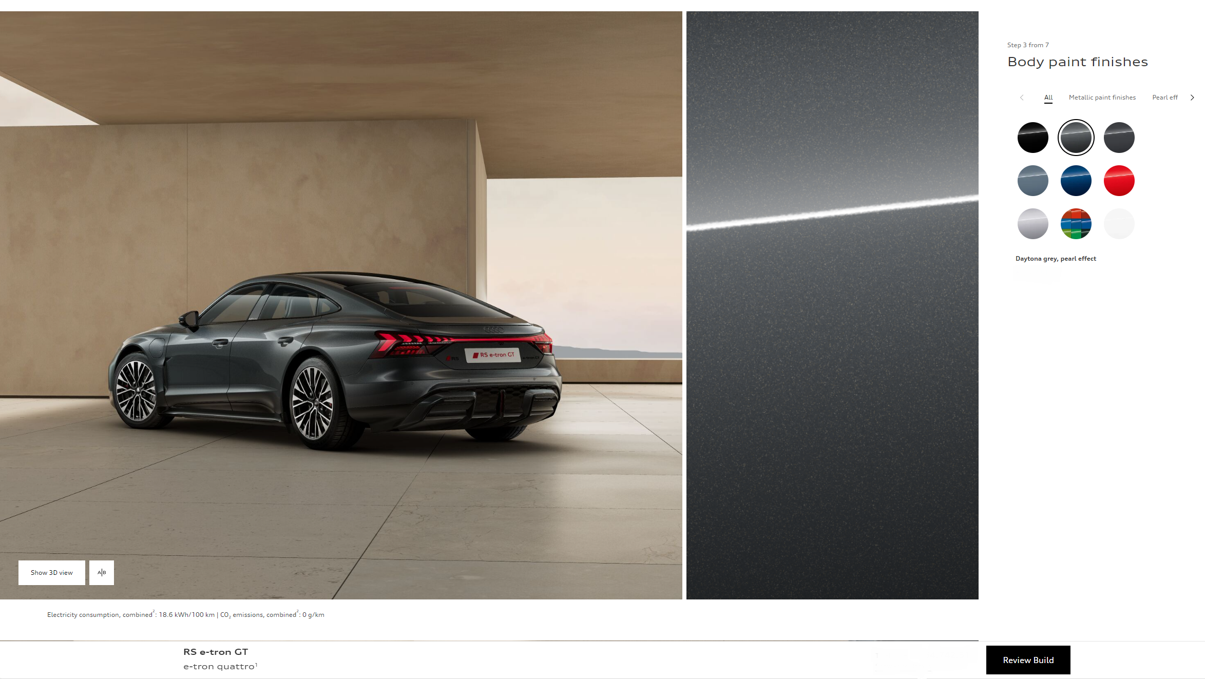 Screenshot of the Audi RS e-tron GT configurator showing the car in Daytona grey, pearl effect body paint finish. The interface displays a rear-side view of the vehicle on the left and a paint texture sample with finish options on the right.