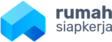 Logo of Rumah Siapkerja with a geometric blue house-like icon and the text 'rumah siapkerja' in modern font.