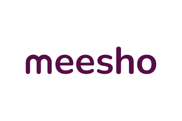Meesho company logo in purple text on a transparent background.