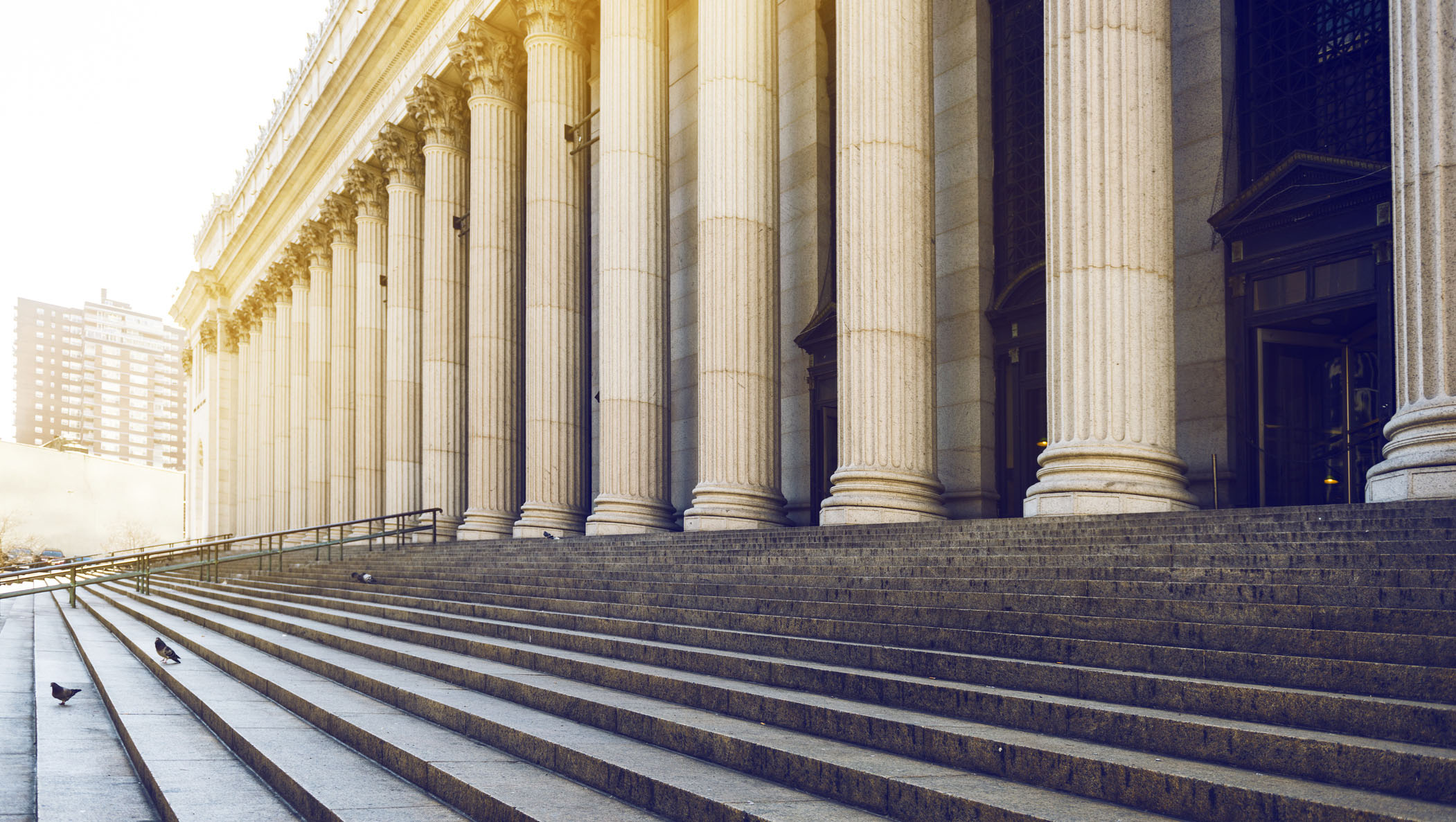 Wide stone steps and grand marble columns at the entrance of a government building in New York City, with sunlight creating a bright, inviting atmosphere.