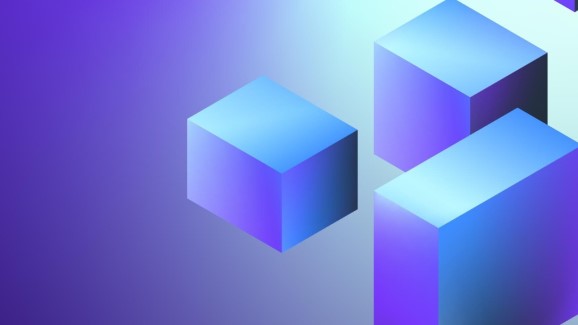 An abstract digital illustration featuring three blue and purple isometric cubes on a gradient background. The image conveys a modern, geometric, and technological aesthetic.