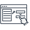 Line art icon depicting a graphical web application interface with a sidebar, buttons, and a hand cursor clicking a button, representing user interaction with a digital form or dashboard.