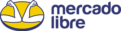 Horizontal logo of Mercado Libre featuring two flexed arms within a yellow oval and the words 'mercado libre' in blue text.