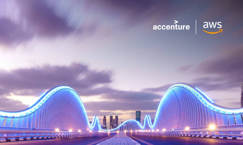 Cover image for the AWS Sustainability Accenture report, featuring a modern illuminated bridge with city skyline, and Accenture and AWS logos in the sky.