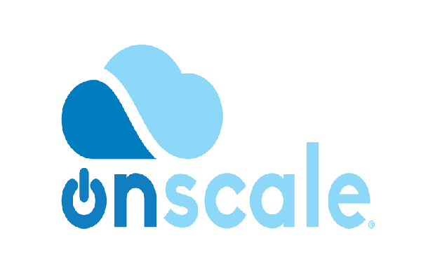 The OnScale logo featuring a stylized blue cloud above the word 'OnScale', with the 'O' resembling a power button. The design uses light and dark blue colors on a white background.
