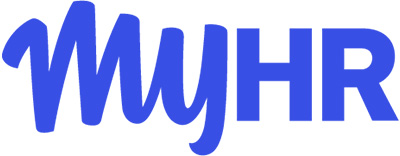 The MyHR logo with stylized blue text on a white background.