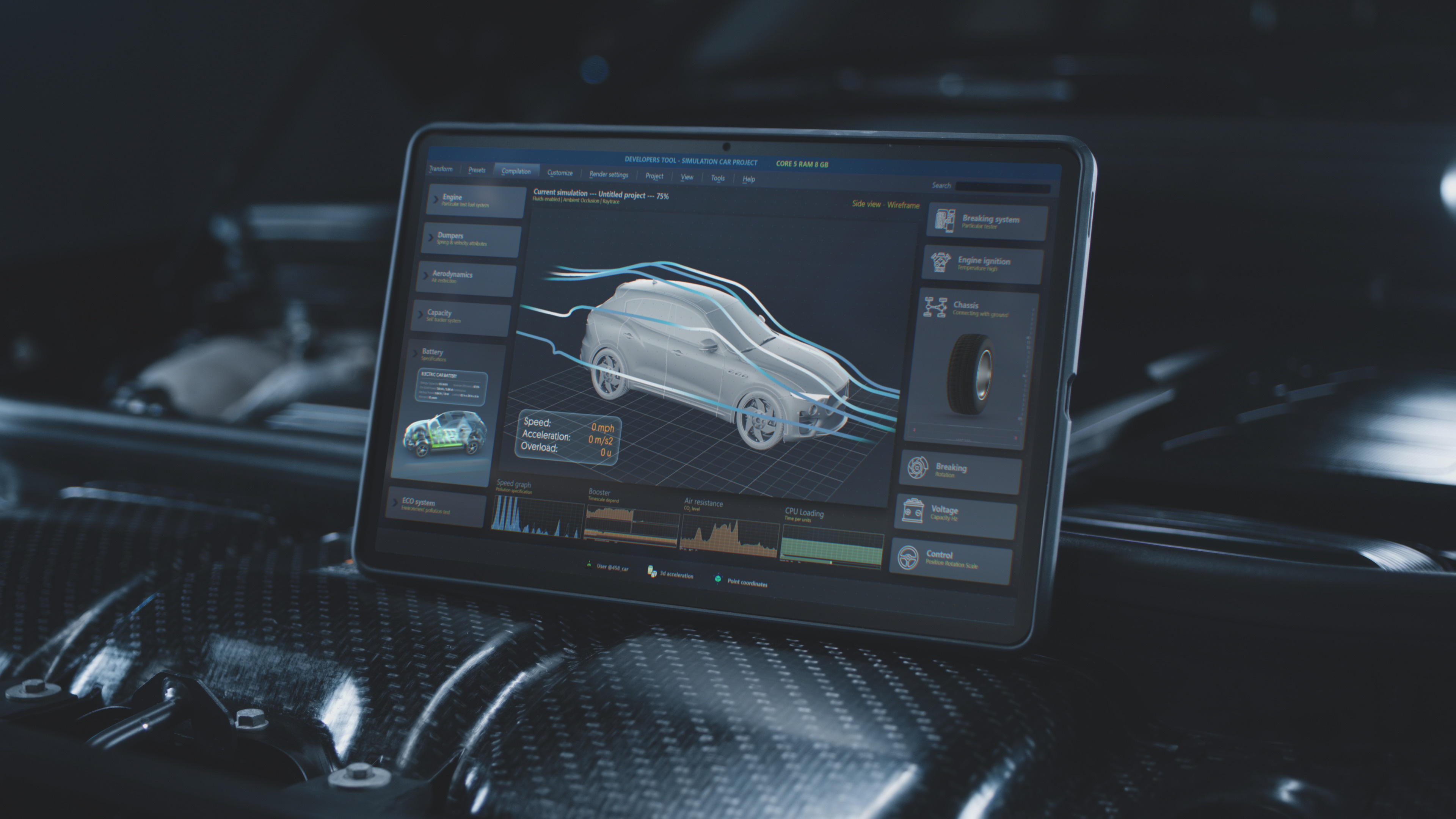 Tablet computer screen shows 3D animation of professional program for real-time car diagnostics and aerodynamics testing using 3D virtual electric vehicle model. Concept of car developing technology.
