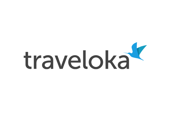 Traveloka logo with text in gray and a blue bird graphic, representing the Indonesian travel company.