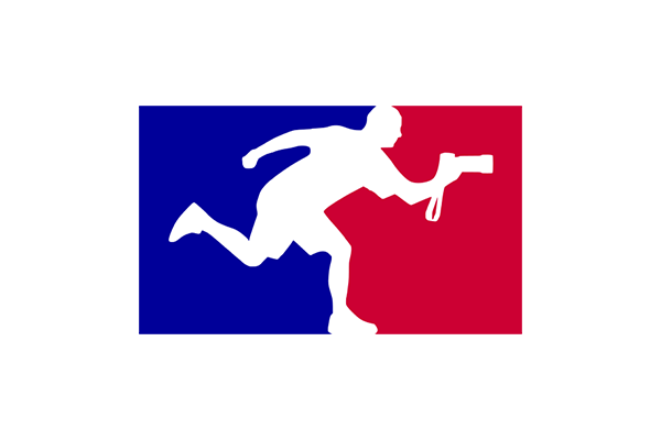 Logo featuring a silhouette of a running photographer holding a camera, with a blue and red background reminiscent of sports branding.