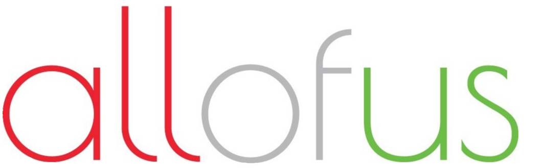 Logo image displaying the text 'allofus' in a colorful design with red, gray, and green letters on a white background.