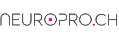NeuroPro company logo with bold gray text and pink geometric shapes used for the dot on the 'i' and the accent on the 'o'.