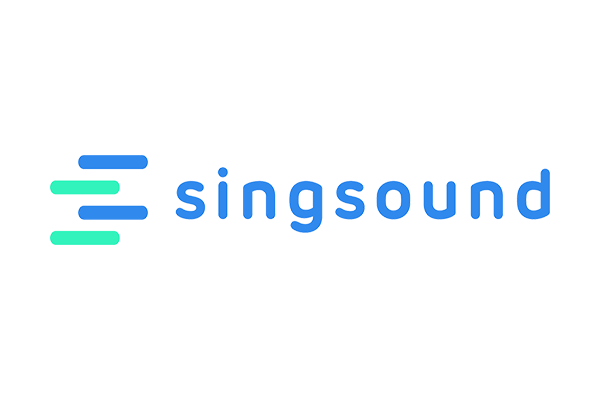 Singsound company logo with stylized sound wave icon and blue text on a transparent background.