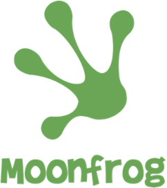 The Moonfrog logo featuring a stylized green frog footprint above the word 'Moonfrog' in a bold, playful font.