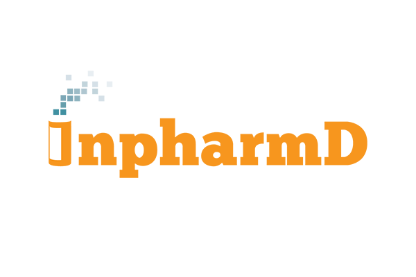 Logo of InpharmD featuring the company name in orange letters with a stylized beaker emitting pixelated blue vapors.