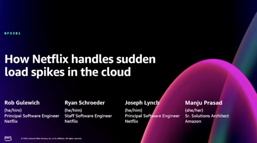 "Slide titled 'How Netflix handles sudden load spikes in the cloud' with names and roles of four speakers: Rob Gulewich, Ryan Schroeder, Joseph Lynch (all from Netflix), and Manju Prasad (from Amazon)."