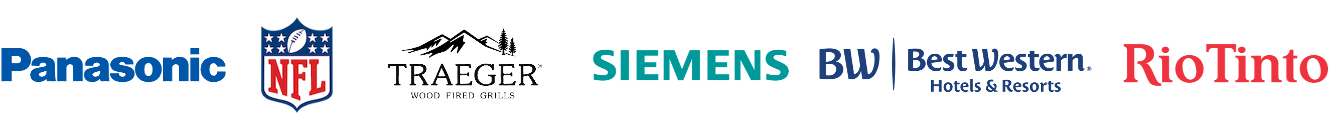 Row of customer logos including Panasonic, NFL, Traeger Wood Fired Grills, Siemens, Best Western Hotels & Resorts, and Rio Tinto.