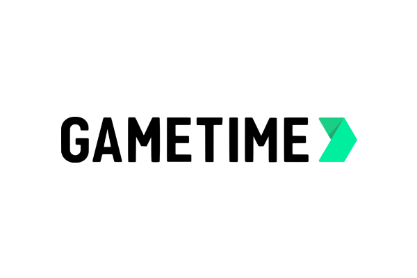 The Gametime company logo, featuring the word 'GAMETIME' in bold black letters with a stylized green chevron arrow to the right.