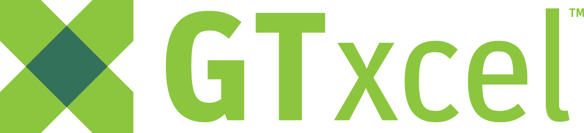 Logo for GTxcel, featuring stylized green and dark green geometric shapes and text.