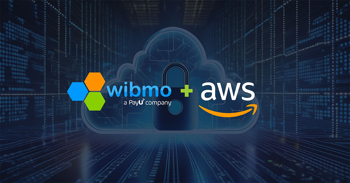 Wibmo and AWS logos with a cloud and padlock symbol, set against a digital data center background.