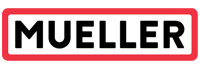 The Mueller company logo featuring bold black text 'MUELLER' inside a rectangular red border on a white background.